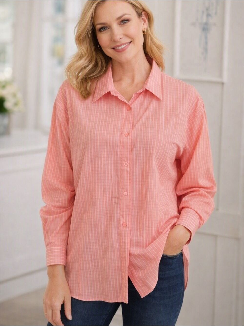 Vintage Preppy Tabi International Pink Coral PinStripe Button Down Blouse. XXL